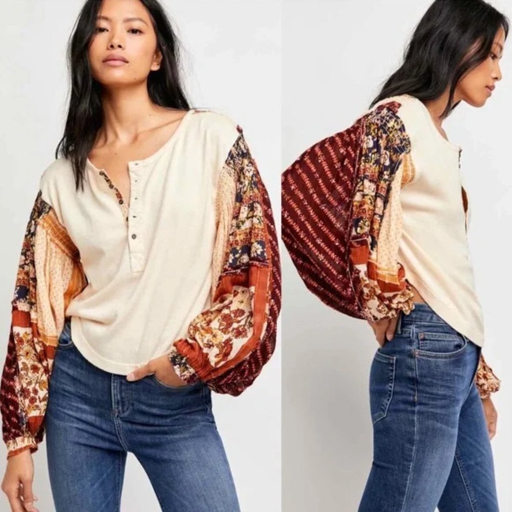 NWOT Free People "Light Magic" Henley Top With Balloon Sleeves